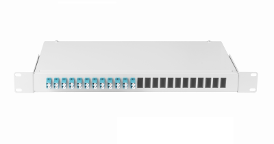 Оптический кросс 19", 1U, укомплектованный на 24 портов LC/UPC (12 двойных LC/UPC адаптеров) 